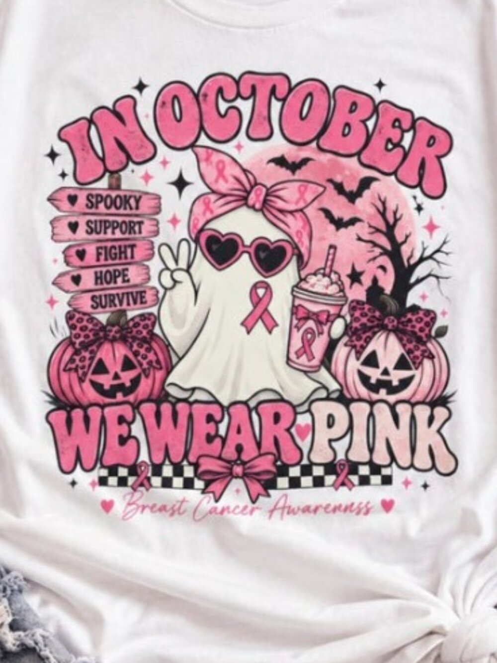 Halloween Breast Cancer Awareness Shirt, Pink Ribbon Ghost Tee - Picture 2 of 4